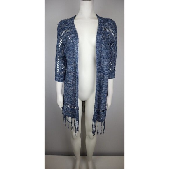 WOMEN'S BLUE 3/4 SLEEVE FRINGE CARDIGAN SWEATER - CONFESS - SIZE M - Picture 1 of 5